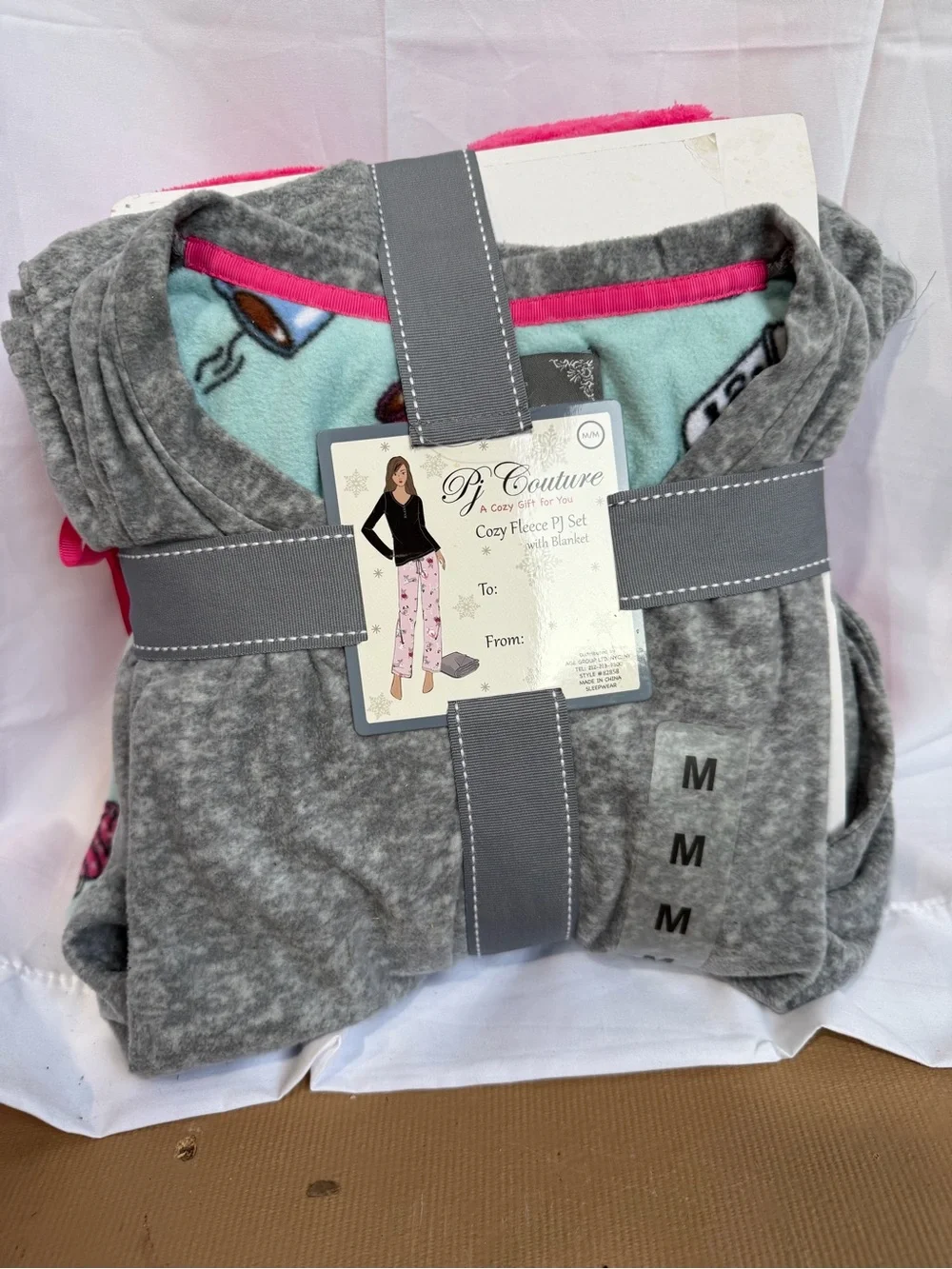 Pj Couture Gray Fleece PJ Set with Pink Trim and Aqua Lining